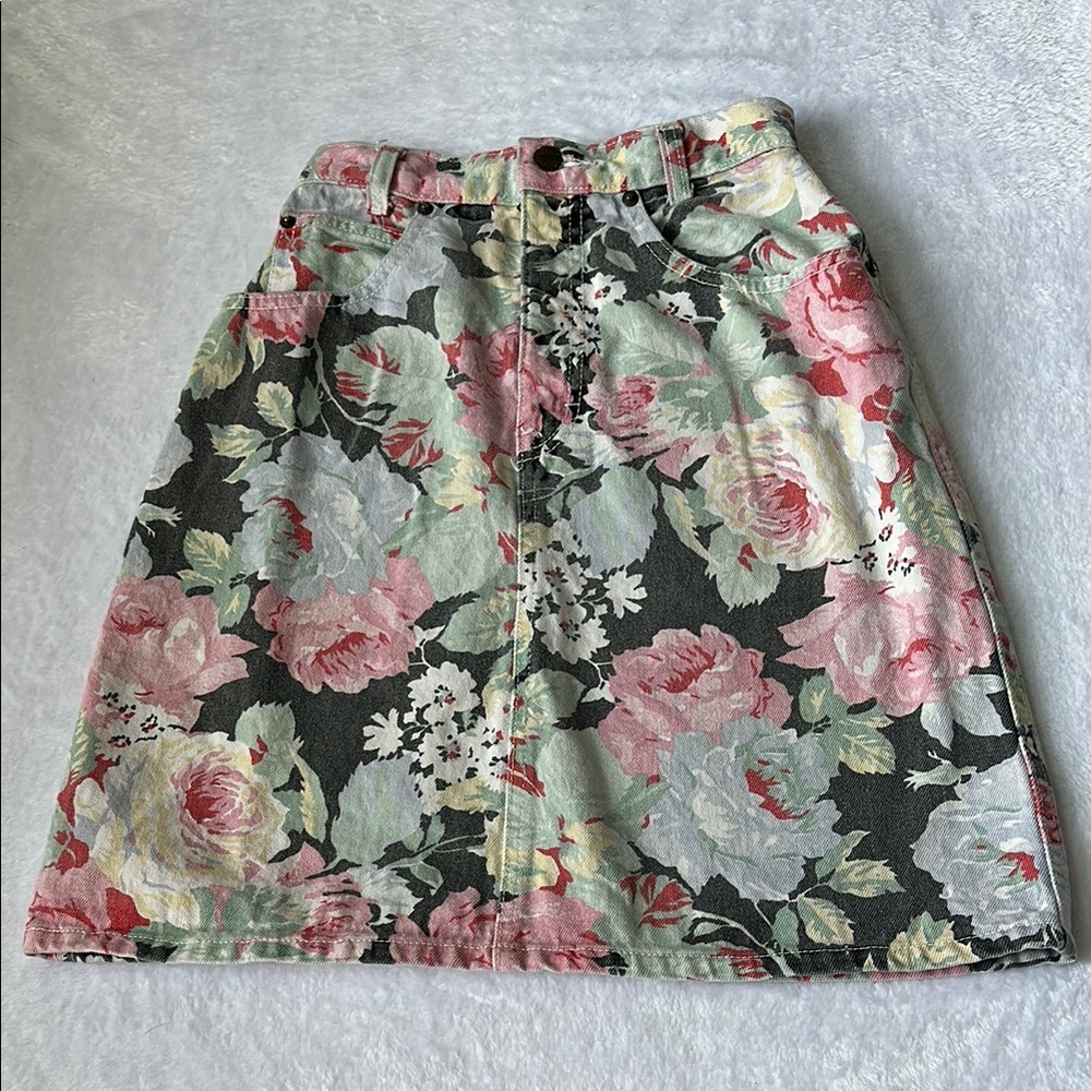 Vtg‎ High Waist Floral Denim Mini Jean Skirt Size 5 Prep Grunge Cottagecore USA